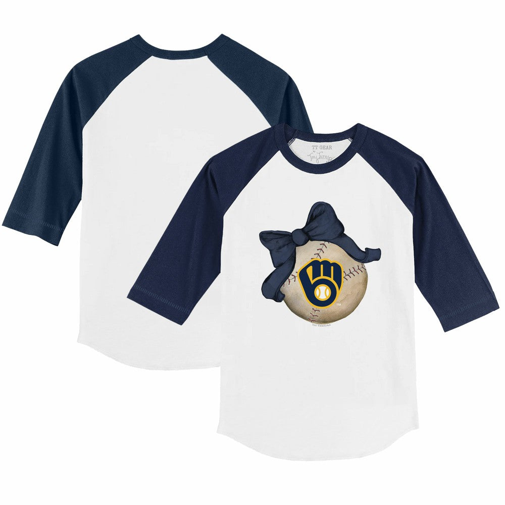 Milwaukee Brewers Tiny Turnip Youth Baseball Bow 3/4-Sleeve Raglan T-Shirt - White/Navy T-shirts