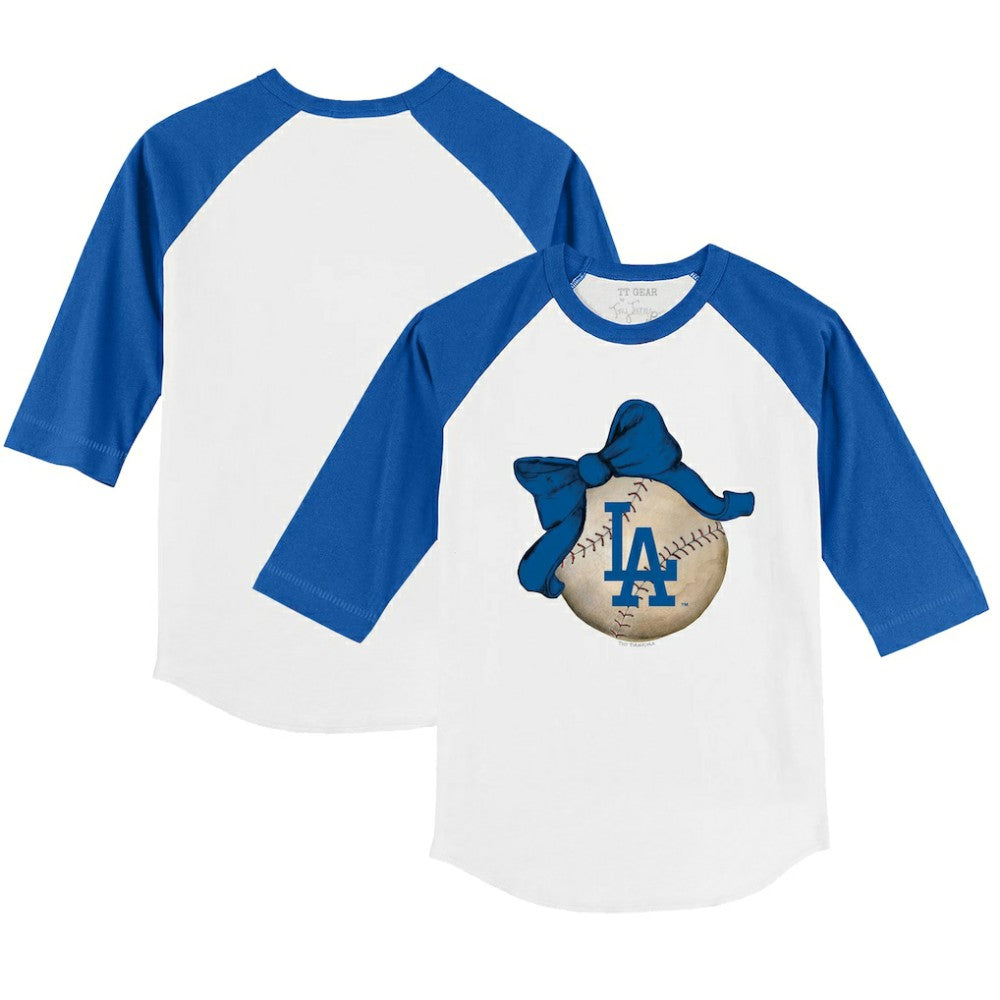 Los Angeles Dodgers Tiny Turnip Youth Baseball Bow 3/4-Sleeve Raglan T-Shirt - White/Royal T-shirts