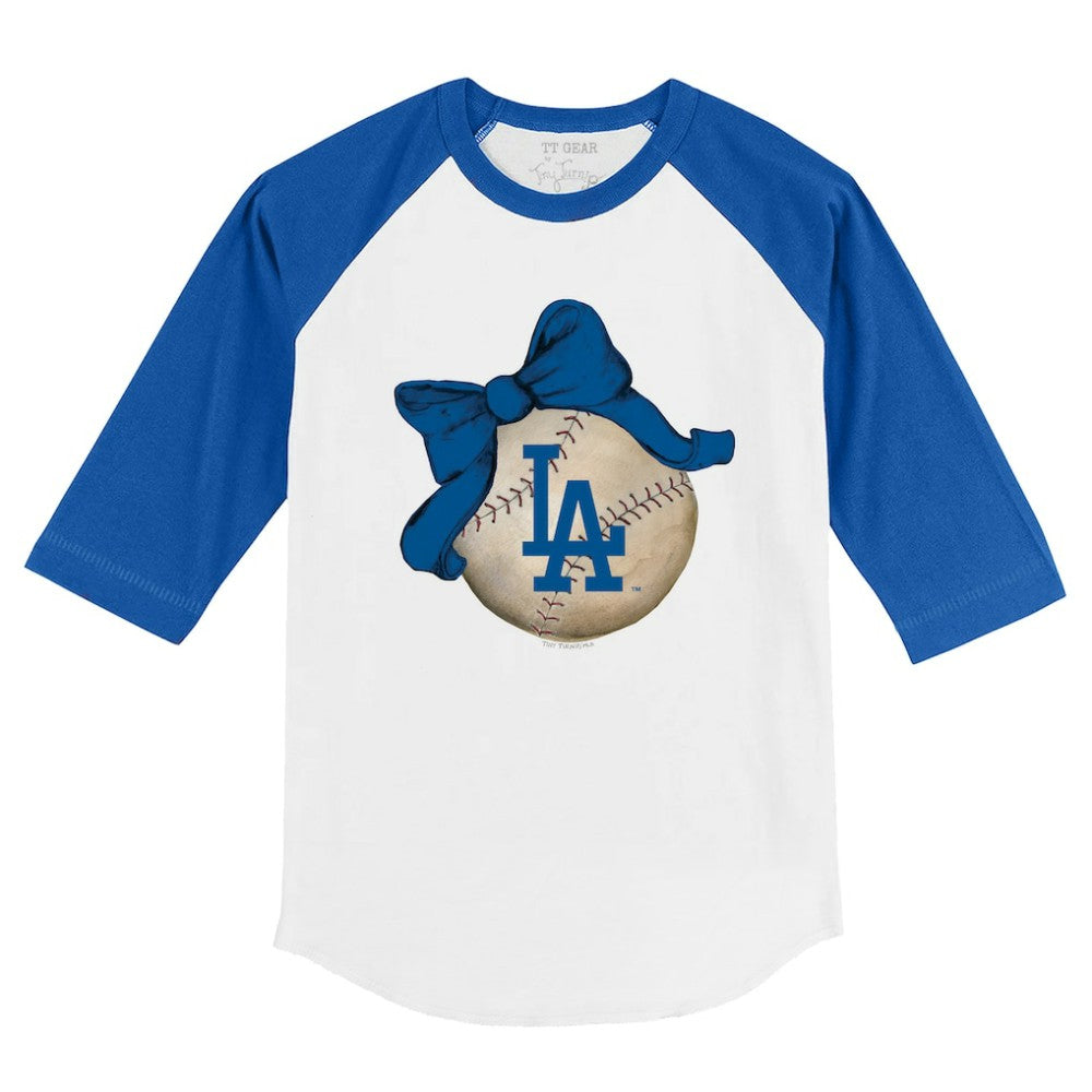 Los Angeles Dodgers Tiny Turnip Youth Baseball Bow 3/4-Sleeve Raglan T-Shirt - White/Royal T-shirts