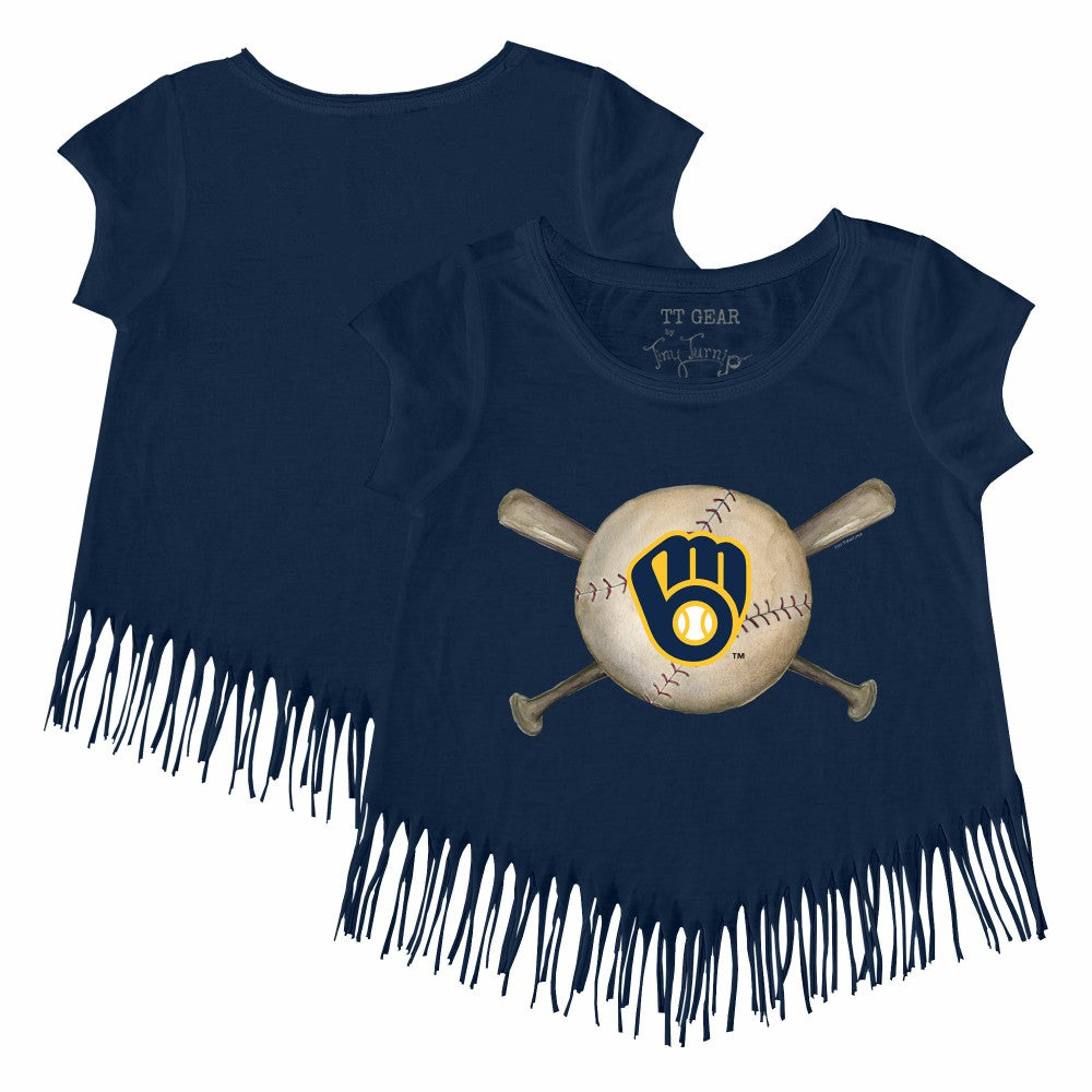 Milwaukee Brewers Tiny Turnip Girls Youth Baseball Cross Bats Fringe T-Shirt - Navy T-shirts