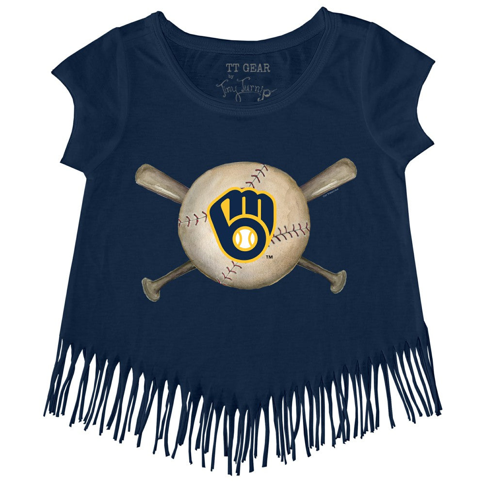 Milwaukee Brewers Tiny Turnip Girls Youth Baseball Cross Bats Fringe T-Shirt - Navy T-shirts