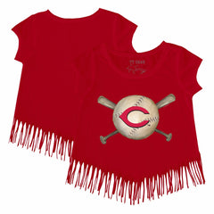 Cincinnati Reds Tiny Turnip Girls Youth Baseball Cross Bats Fringe T-Shirt - Red T-shirts