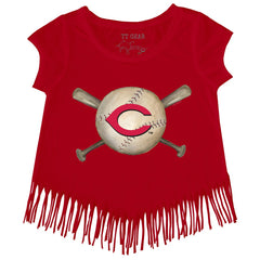 Cincinnati Reds Tiny Turnip Girls Youth Baseball Cross Bats Fringe T-Shirt - Red T-shirts