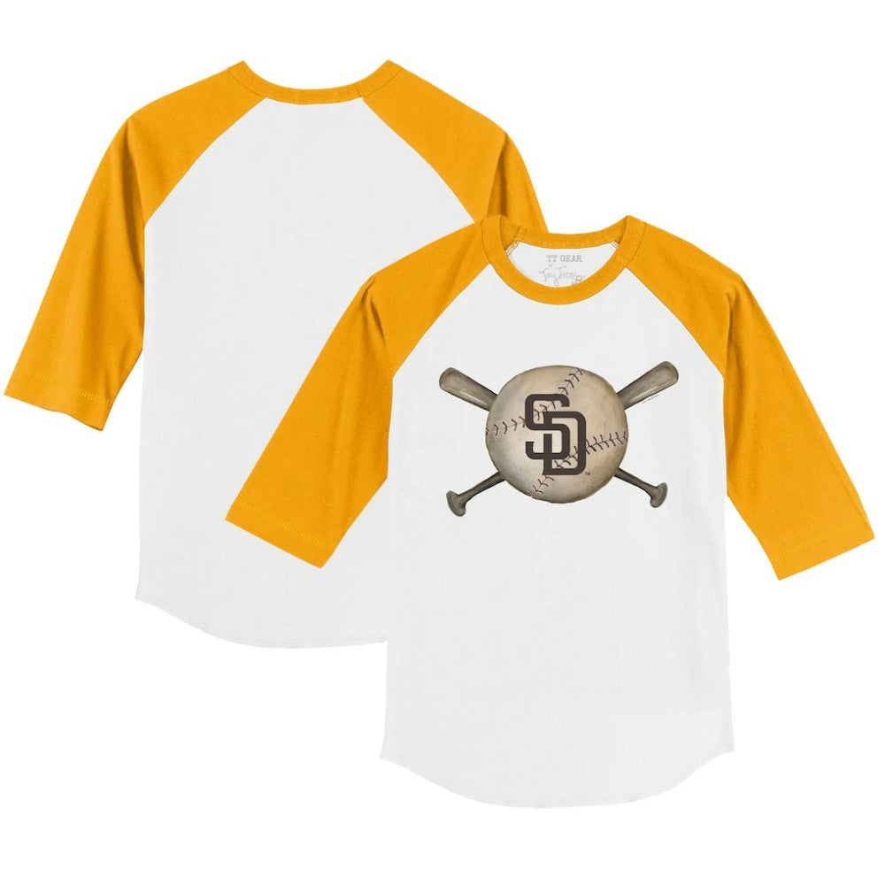 San Diego Padres Tiny Turnip Youth Baseball Cross Bats 3/4-Sleeve Raglan T-Shirt - White/Gold T-shirts