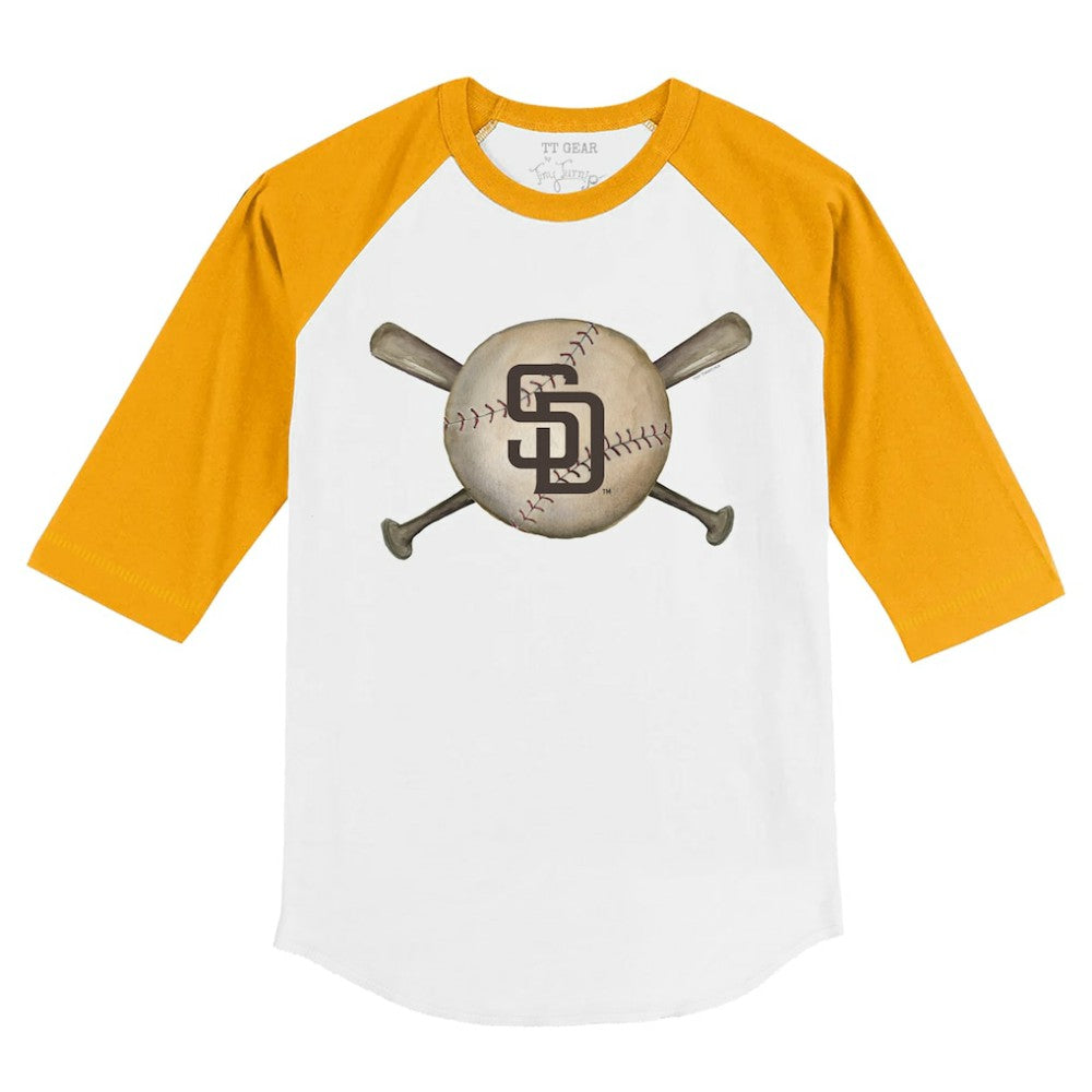San Diego Padres Tiny Turnip Youth Baseball Cross Bats 3/4-Sleeve Raglan T-Shirt - White/Gold T-shirts