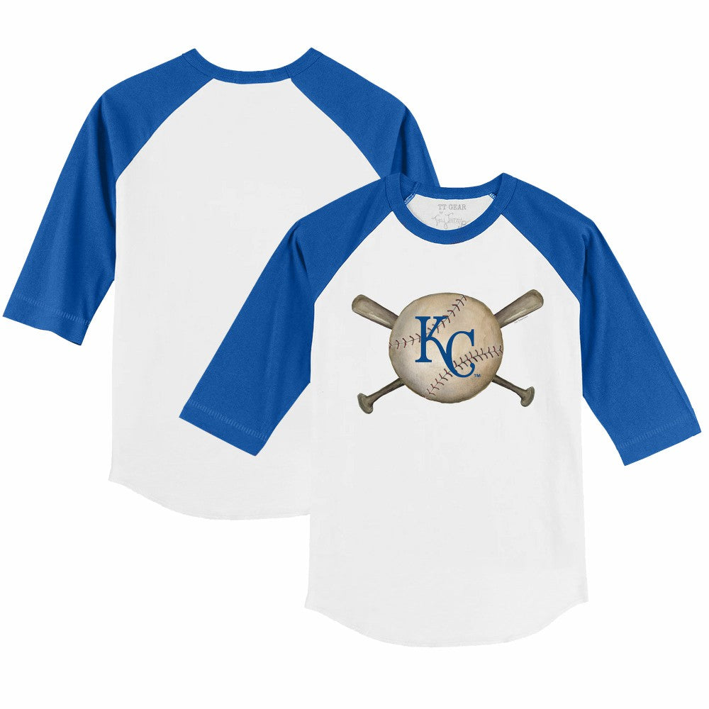 Kansas City Royals Tiny Turnip Youth Baseball Cross Bats 3/4-Sleeve Raglan T-Shirt - White/Royal T-shirts