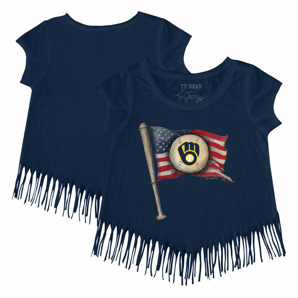 Milwaukee Brewers Tiny Turnip Girls Youth Baseball Flag Fringe T-Shirt - Navy T-shirts