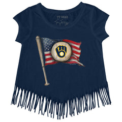 Milwaukee Brewers Tiny Turnip Girls Youth Baseball Flag Fringe T-Shirt - Navy T-shirts