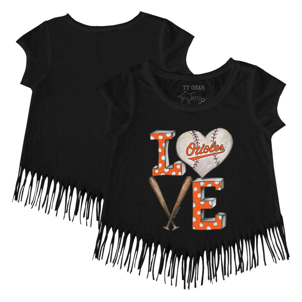 Baltimore Orioles Tiny Turnip Girls Youth Baseball Love Fringe T-Shirt - Black T-shirts