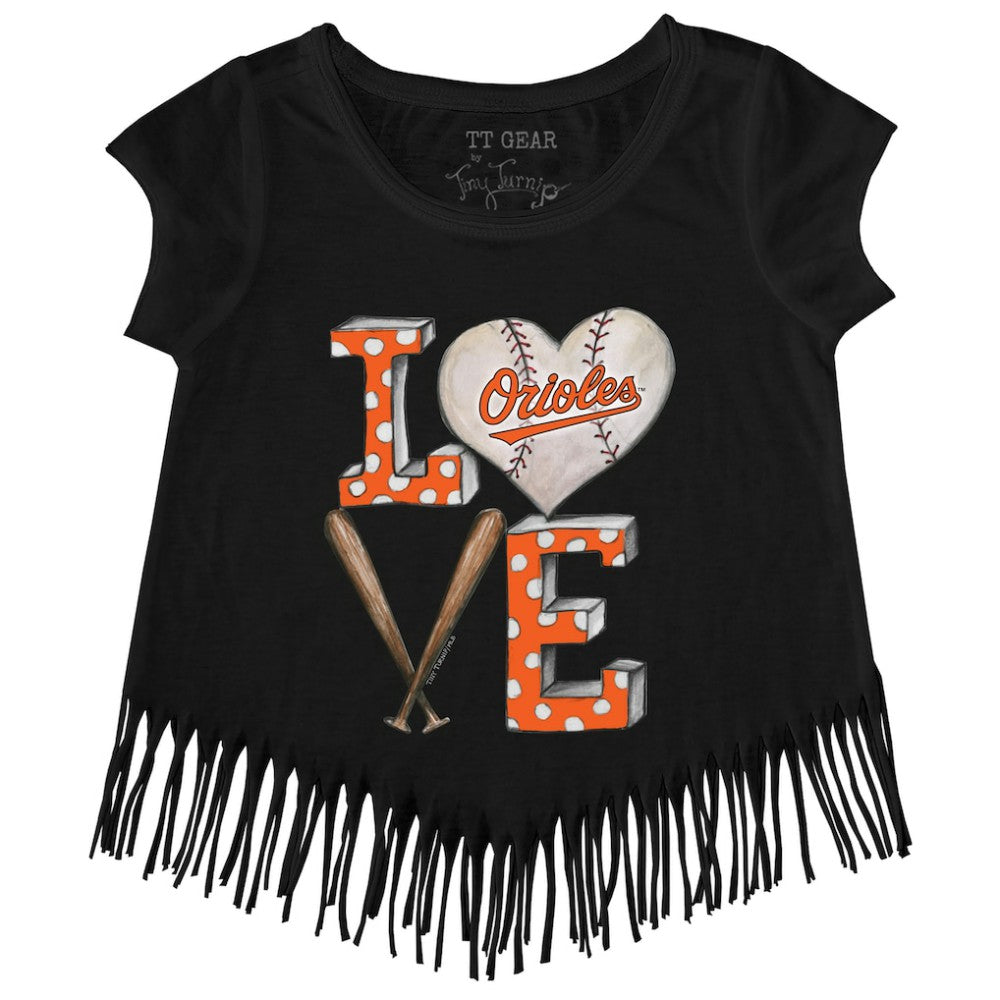 Baltimore Orioles Tiny Turnip Girls Youth Baseball Love Fringe T-Shirt - Black T-shirts