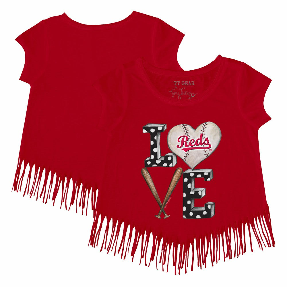 Cincinnati Reds Tiny Turnip Girls Youth Baseball Love Fringe T-Shirt - Red T-shirts