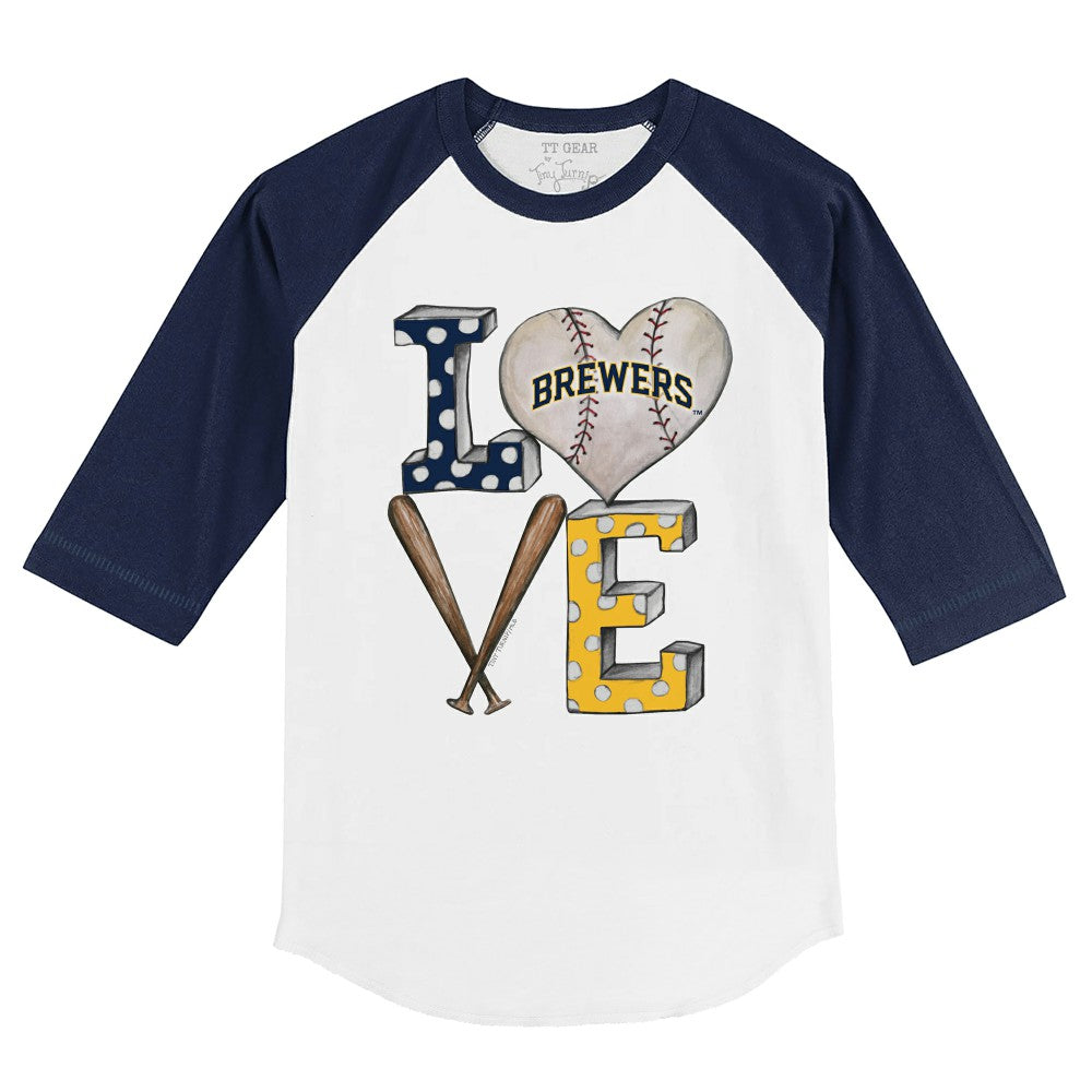 Milwaukee Brewers Tiny Turnip Youth Baseball Love 3/4-Sleeve Raglan T-Shirt - White/Navy T-shirts
