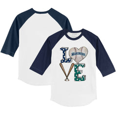 Seattle Mariners Tiny Turnip Youth Baseball Love 3/4-Sleeve Raglan T-Shirt - White/Navy T-shirts