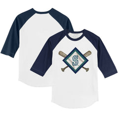 Seattle Mariners Tiny Turnip Youth Diamond Cross Bats 3/4-Sleeve Raglan T-Shirt - White/Navy T-shirts
