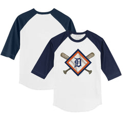 Detroit Tigers Tiny Turnip Youth Diamond Cross Bats 3/4-Sleeve Raglan T-Shirt - White/Navy T-shirts