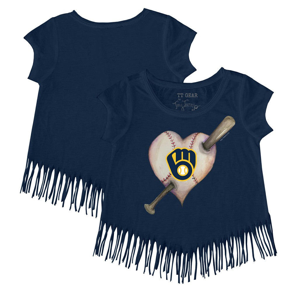 Milwaukee Brewers Tiny Turnip Girls Youth Heart Bat Fringe T-Shirt - Navy T-shirts