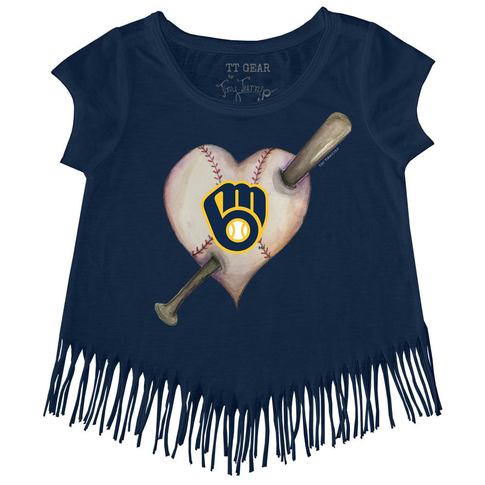 Milwaukee Brewers Tiny Turnip Girls Youth Heart Bat Fringe T-Shirt - Navy T-shirts