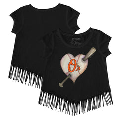 Baltimore Orioles Tiny Turnip Girls Youth Heart Bat Fringe T-Shirt - Black T-shirts