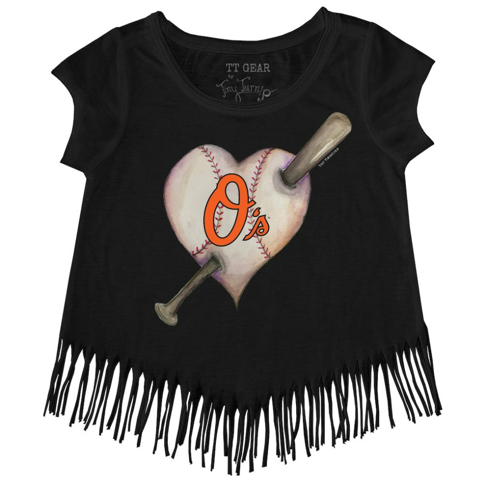 Baltimore Orioles Tiny Turnip Girls Youth Heart Bat Fringe T-Shirt - Black T-shirts
