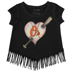 Baltimore Orioles Tiny Turnip Girls Youth Heart Bat Fringe T-Shirt - Black T-shirts