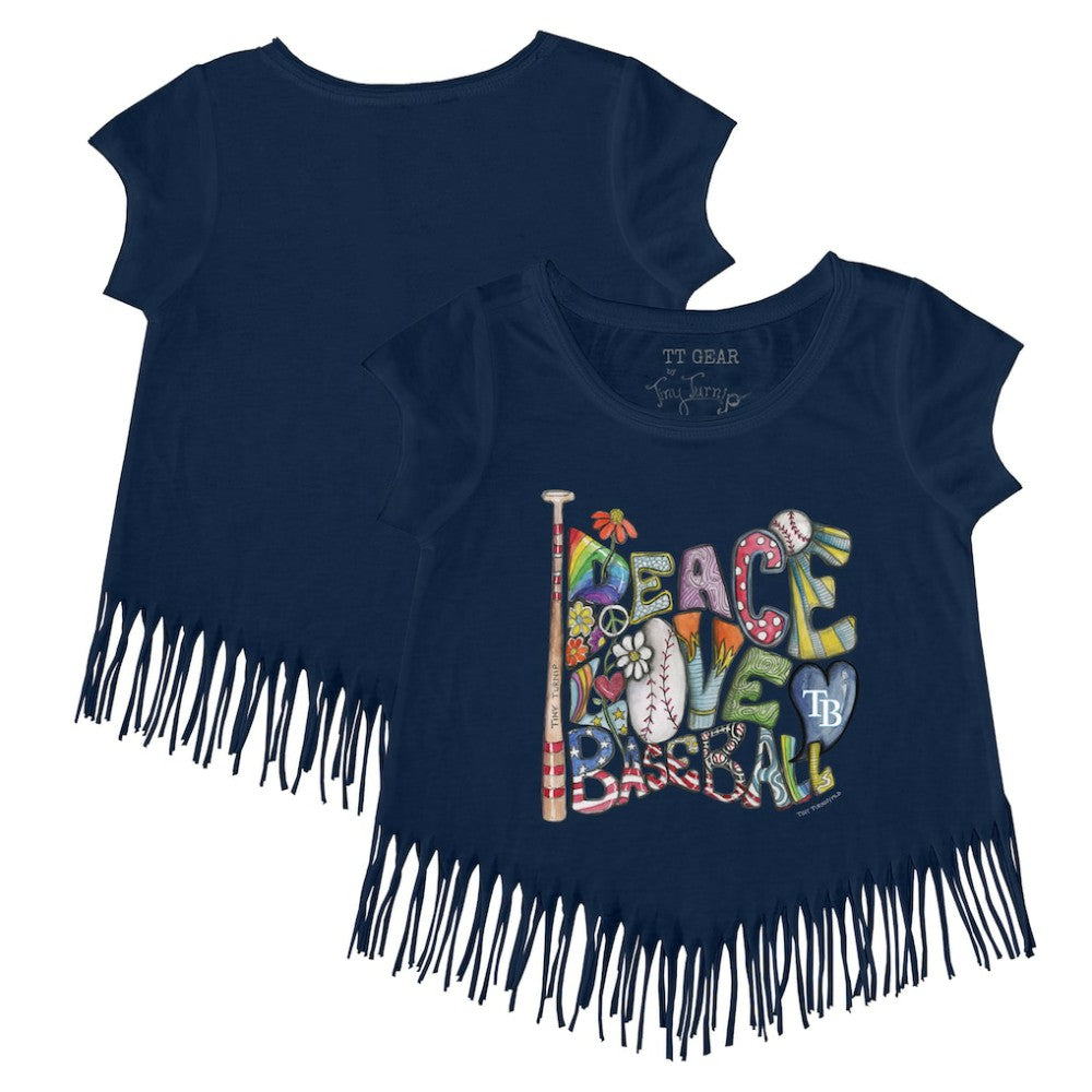 Tampa Bay Rays Tiny Turnip Girls Youth Peace Love Baseball Fringe T-Shirt - Navy T-shirts