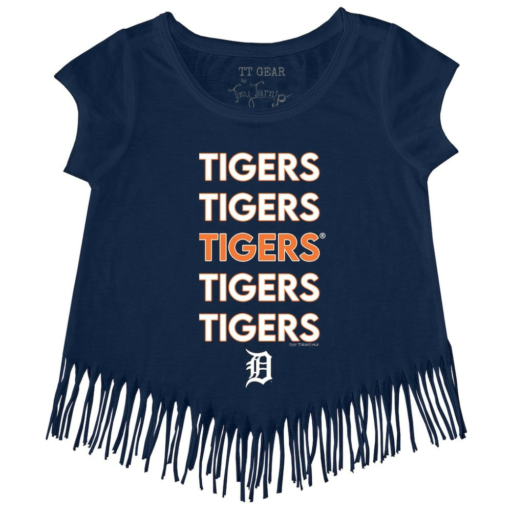 Detroit Tigers Tiny Turnip Girls Youth Stacked Fringe T-Shirt - Navy T-shirts