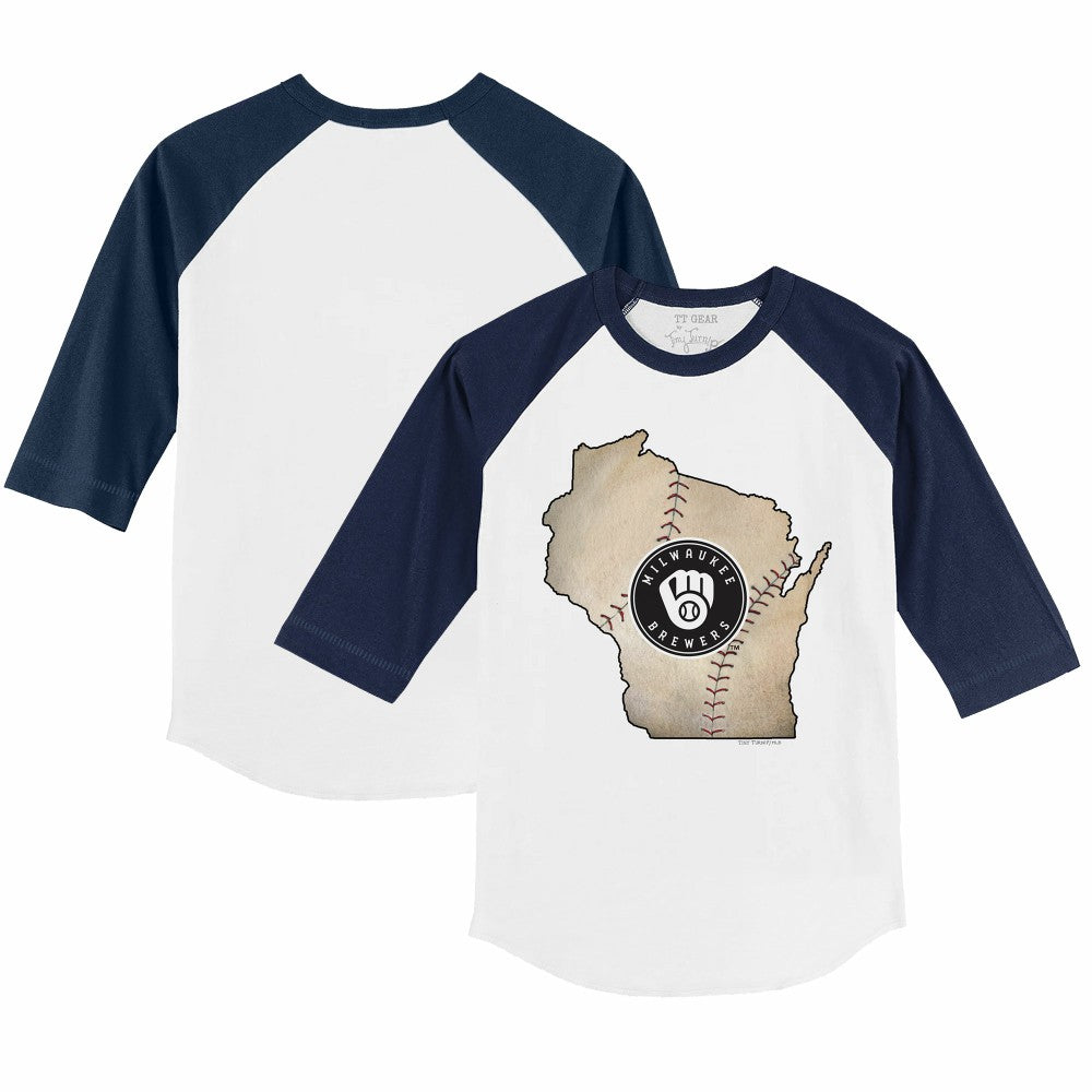 Milwaukee Brewers Tiny Turnip Youth State Outline 3/4-Sleeve Raglan T-Shirt - White/Navy T-shirts