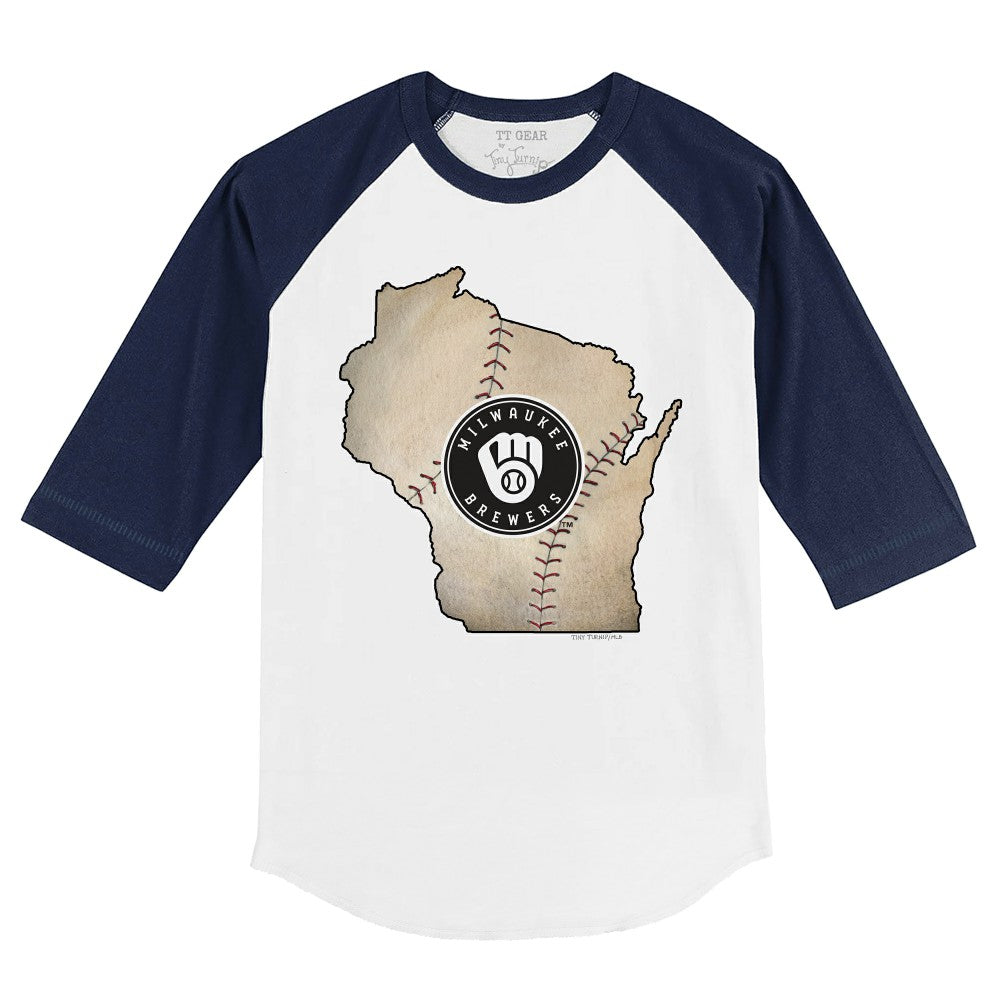 Milwaukee Brewers Tiny Turnip Youth State Outline 3/4-Sleeve Raglan T-Shirt - White/Navy T-shirts