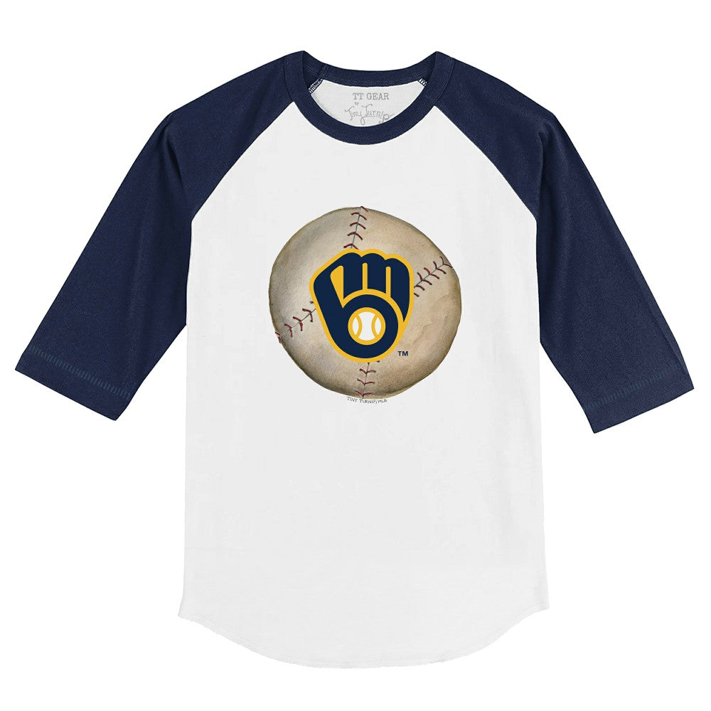 Milwaukee Brewers Tiny Turnip Youth Stitched Baseball 3/4-Sleeve Raglan T-Shirt - White/Navy T-shirts