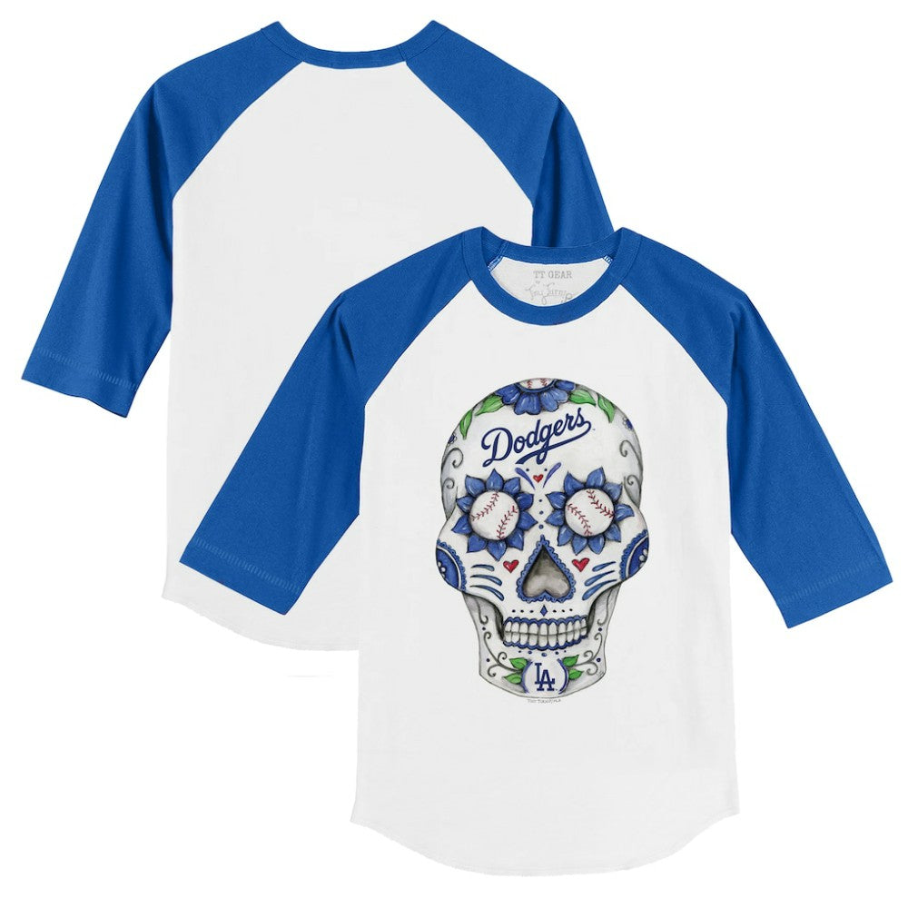 Los Angeles Dodgers Tiny Turnip Youth Sugar Skull 3/4-Sleeve Raglan T-Shirt - White/Royal T-shirts