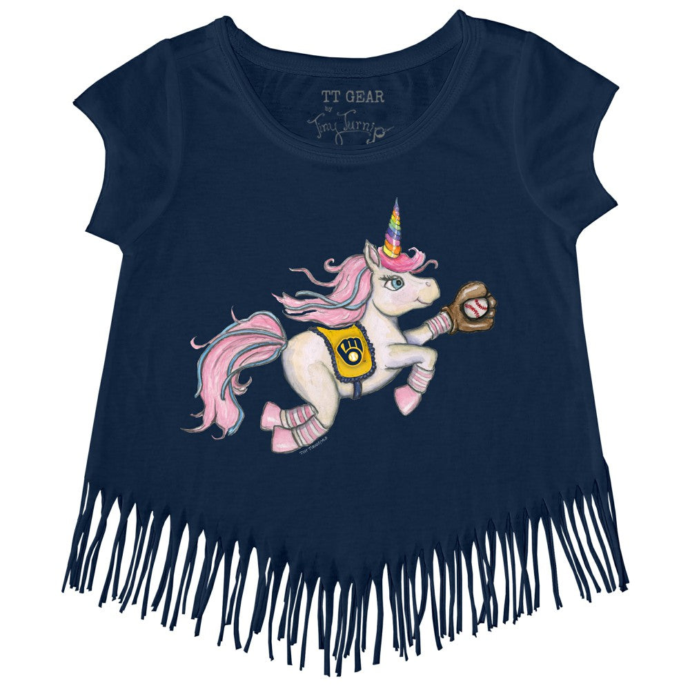 Milwaukee Brewers Tiny Turnip Girls Youth Unicorn Fringe T-Shirt - Navy T-shirts