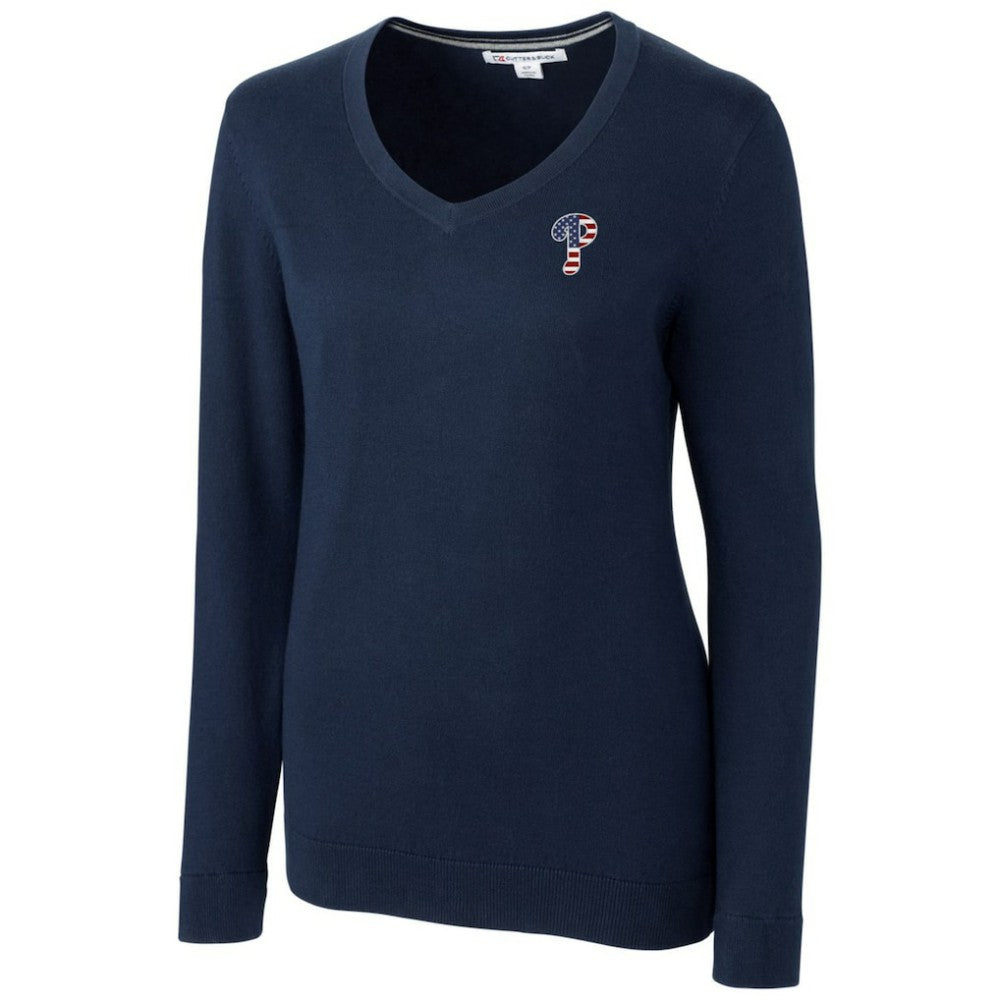 Philadelphia Phillies Cutter & Buck Women's Americana Logo Lakemont Tri-Blend V-Neck Pullover Sweater - Navy Pullover