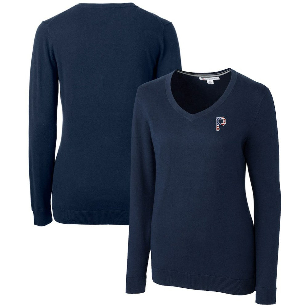 Pittsburgh Pirates Cutter & Buck Women's Americana Logo Lakemont Tri-Blend V-Neck Pullover Sweater - Navy Pullover