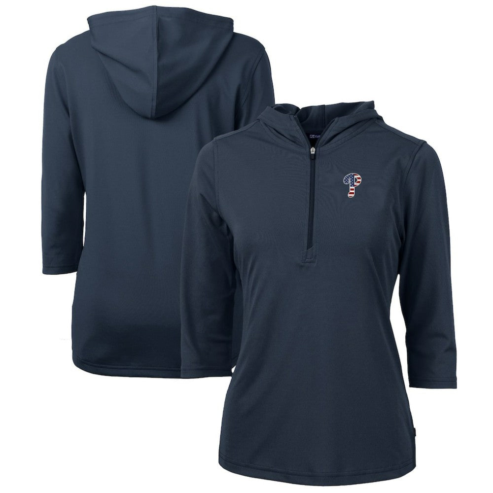 Philadelphia Phillies Cutter & Buck Women's Americana Logo DryTec Virtue Eco Pique Recycled Half-Zip Pullover Hoodie - Navy Hoodies