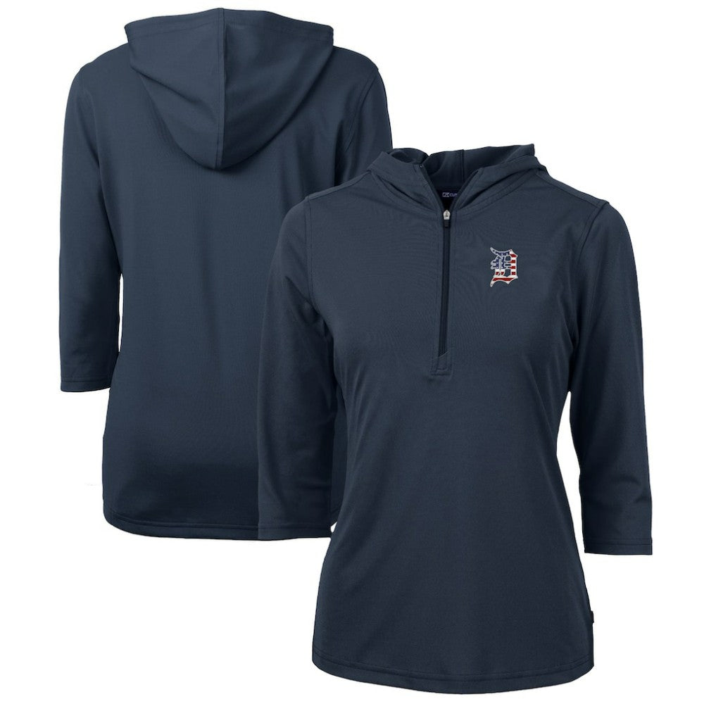 Detroit Tigers Cutter & Buck Women's Americana Logo DryTec Virtue Eco Pique Recycled Half-Zip Pullover Hoodie - Navy Hoodies