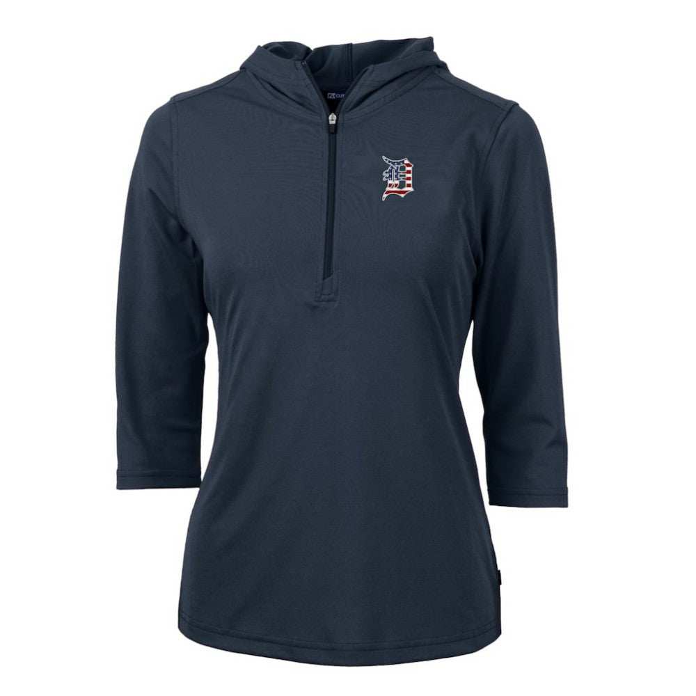 Detroit Tigers Cutter & Buck Women's Americana Logo DryTec Virtue Eco Pique Recycled Half-Zip Pullover Hoodie - Navy Hoodies