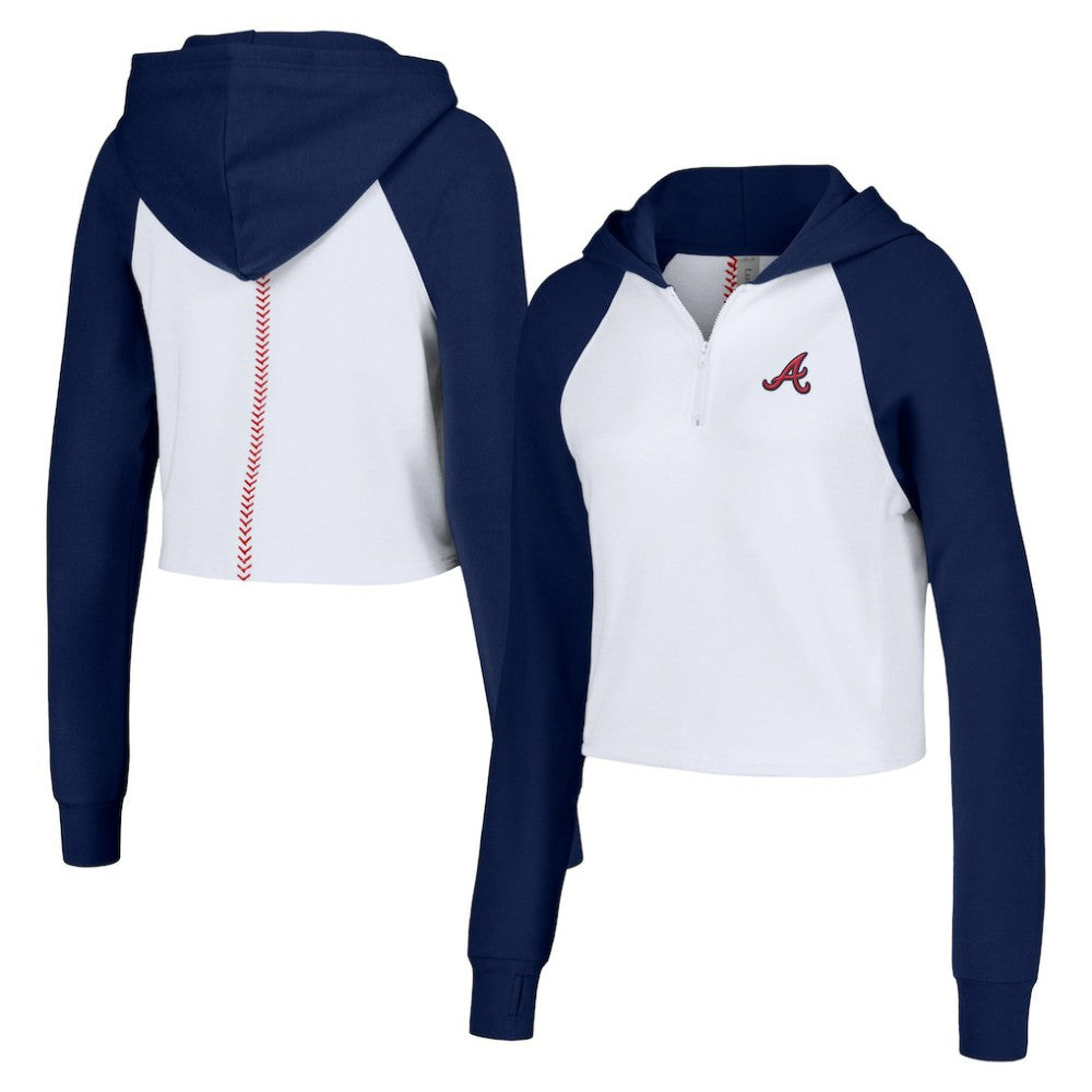 Atlanta Braves Lusso Women's Jane Raglan Quarter-Zip Tri-Blend Cropped Pullover Hoodie - White Hoodies