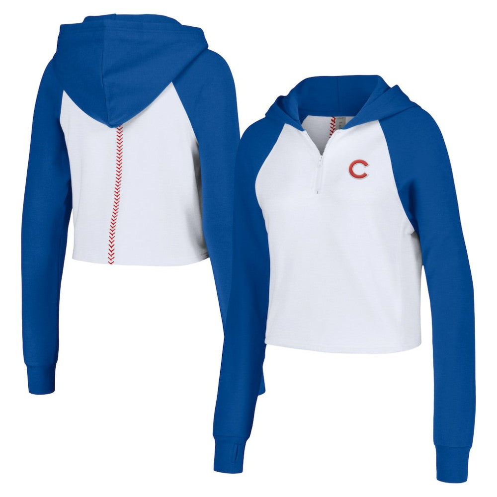 Chicago Cubs Lusso Women's Jane Raglan Quarter-Zip Tri-Blend Cropped Pullover Hoodie - White Hoodies