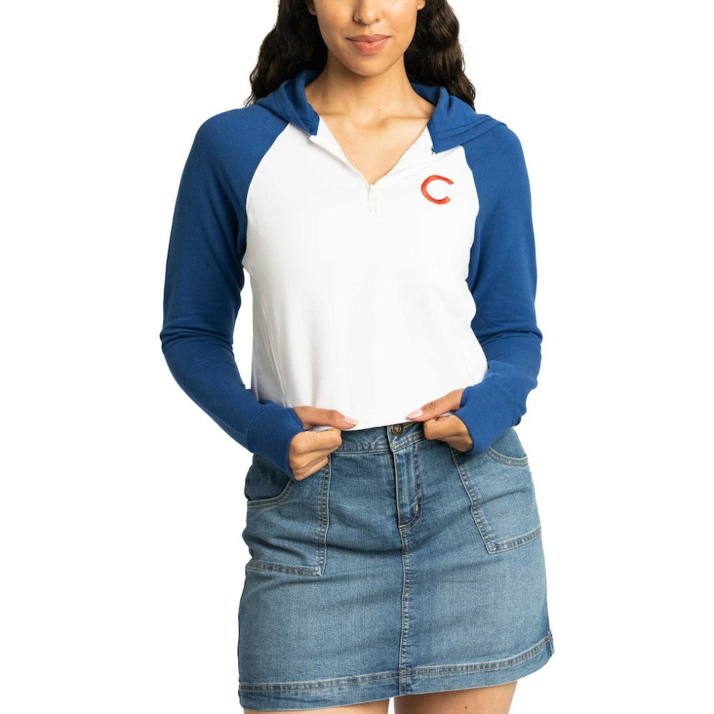 Chicago Cubs Lusso Women's Jane Raglan Quarter-Zip Tri-Blend Cropped Pullover Hoodie - White Hoodies