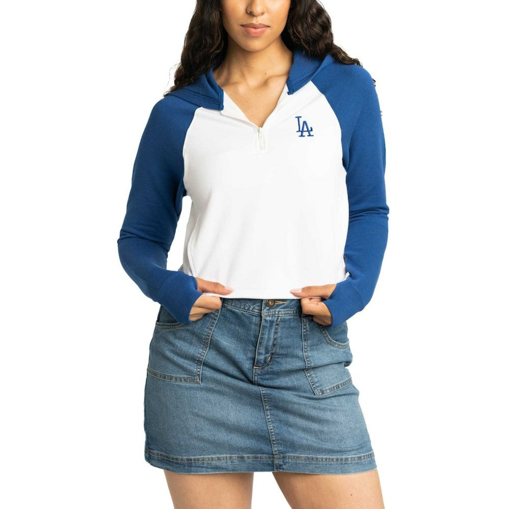 Los Angeles Dodgers Lusso Women's Jane Raglan Quarter-Zip Tri-Blend Cropped Pullover Hoodie - White Hoodies