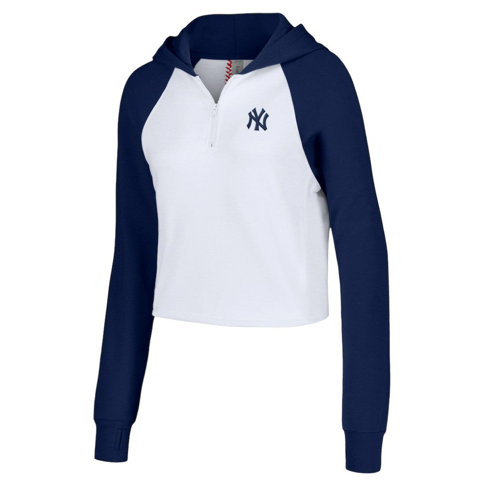 New York Yankees Lusso Women's Jane Raglan Quarter-Zip Tri-Blend Cropped Pullover Hoodie - White Hoodies