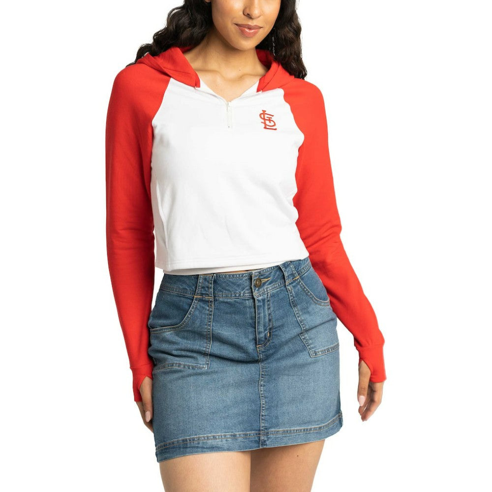 St. Louis Cardinals Lusso Women's Jane Raglan Quarter-Zip Tri-Blend Cropped Pullover Hoodie - White Hoodies