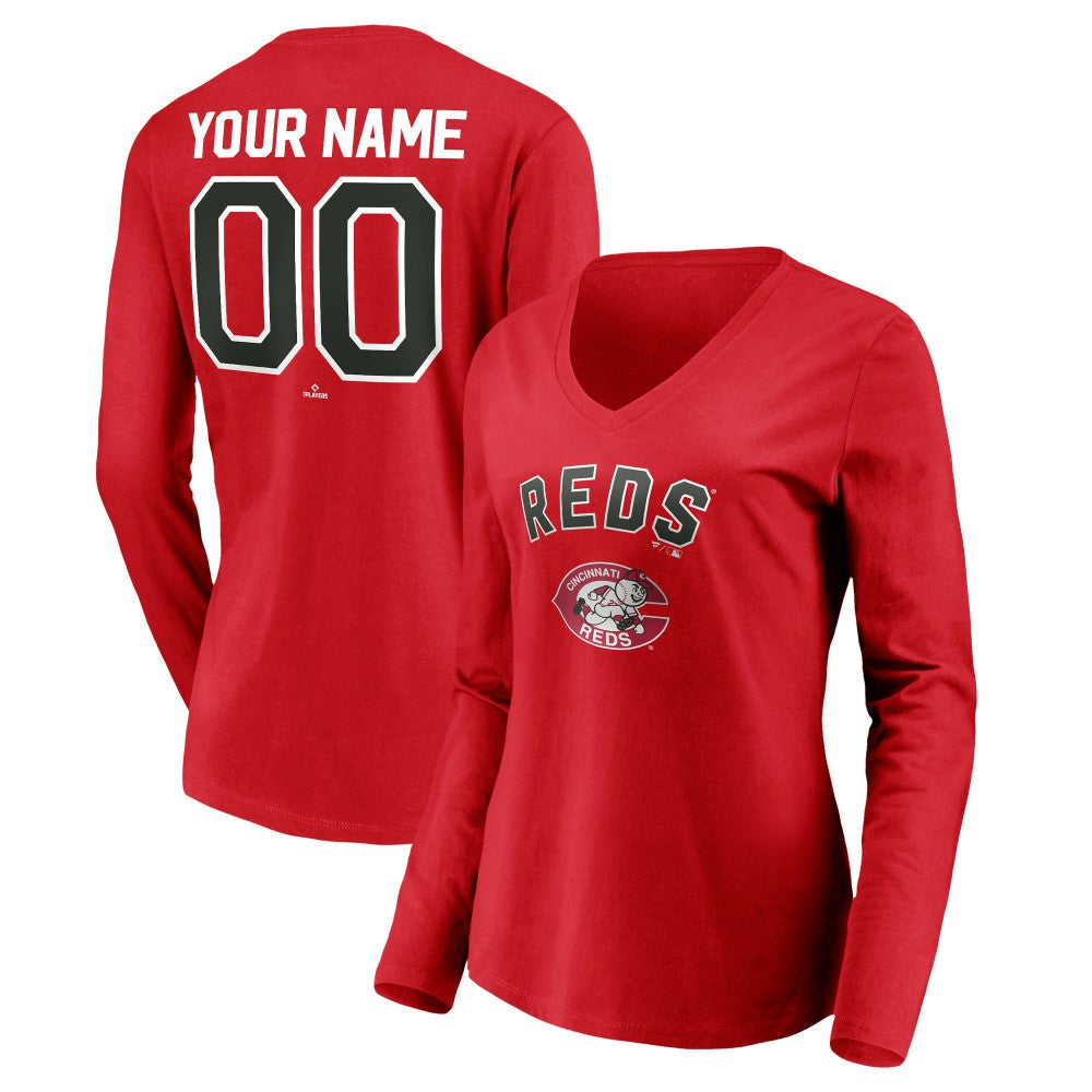 Cincinnati Reds Women's Cooperstown Collection Personalized Winning Streak Long Sleeve V-Neck T-Shirt - Red T-shirts
