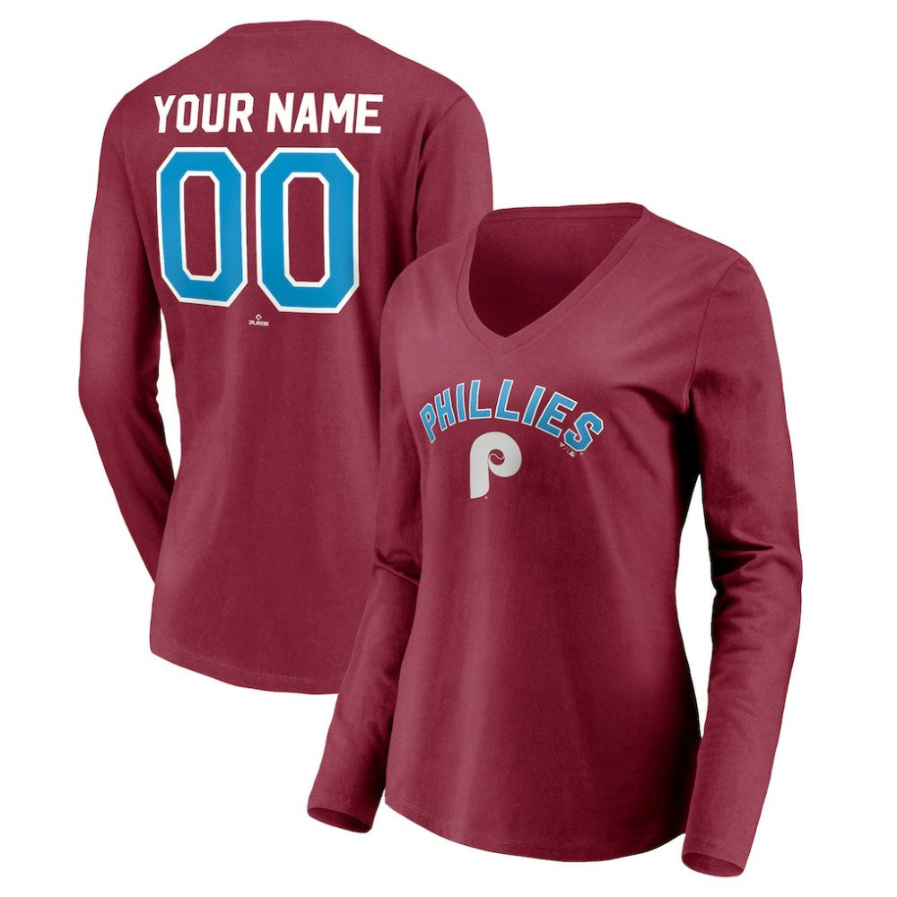 Philadelphia Phillies Women's Personalized Cooperstown Collection Alternate Winning Streak Long Sleeve V-Neck T-Shirt - Burgundy T-shirts