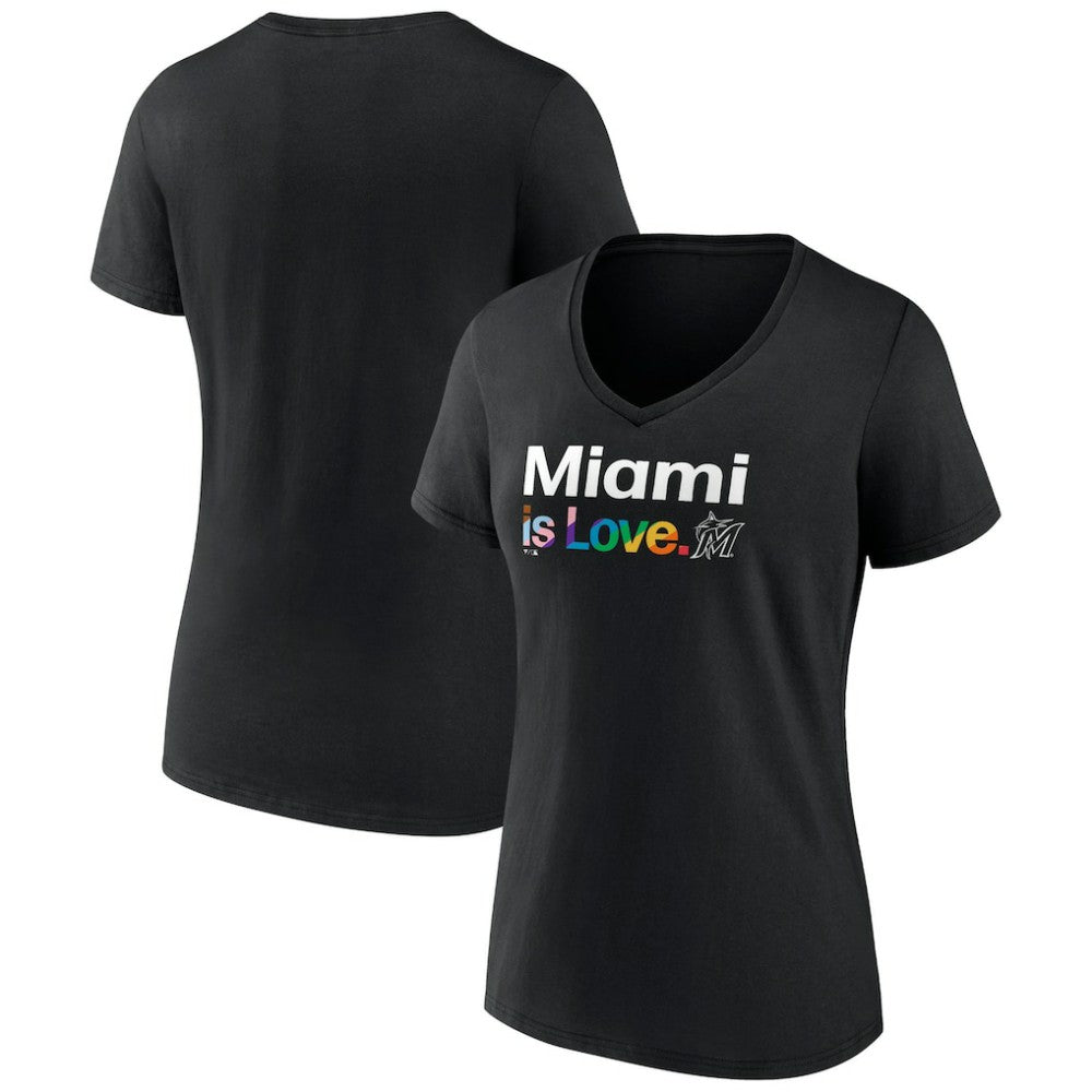 Miami Marlins Women's City Pride V-Neck T-Shirt - Black T-shirts
