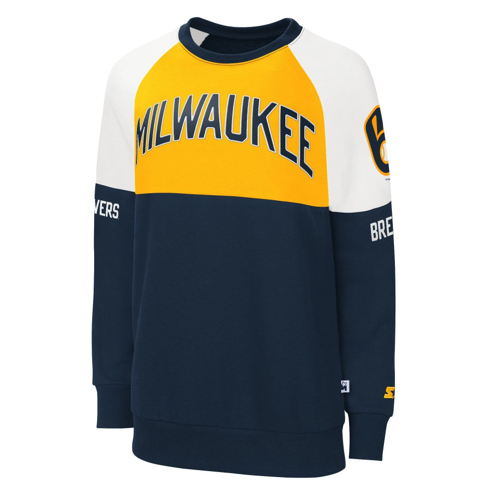 Milwaukee Brewers Starter Women's Baseline Raglan Pullover Sweatshirt - Navy/Gold Pullover