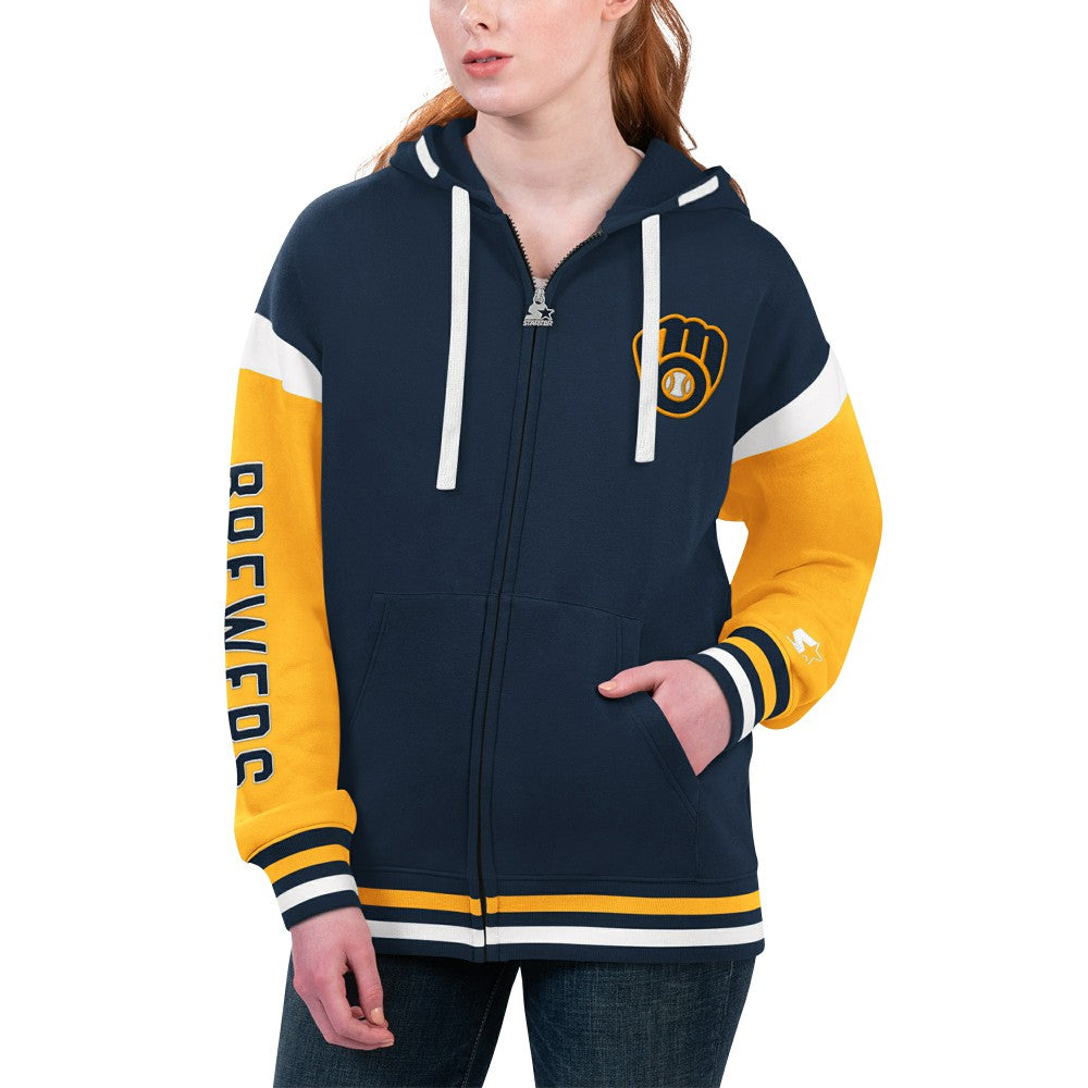 Milwaukee Brewers Starter Women's Homestretch Full-Zip Hoodie - Navy Hoodies