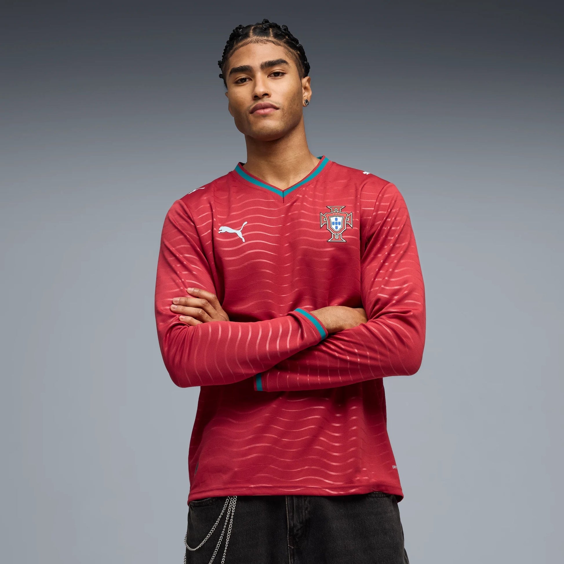 Puma 2026 Portugal Men's Stadium Home Long-Sleeve Soccer Jersey Club Red-Green Lagoon