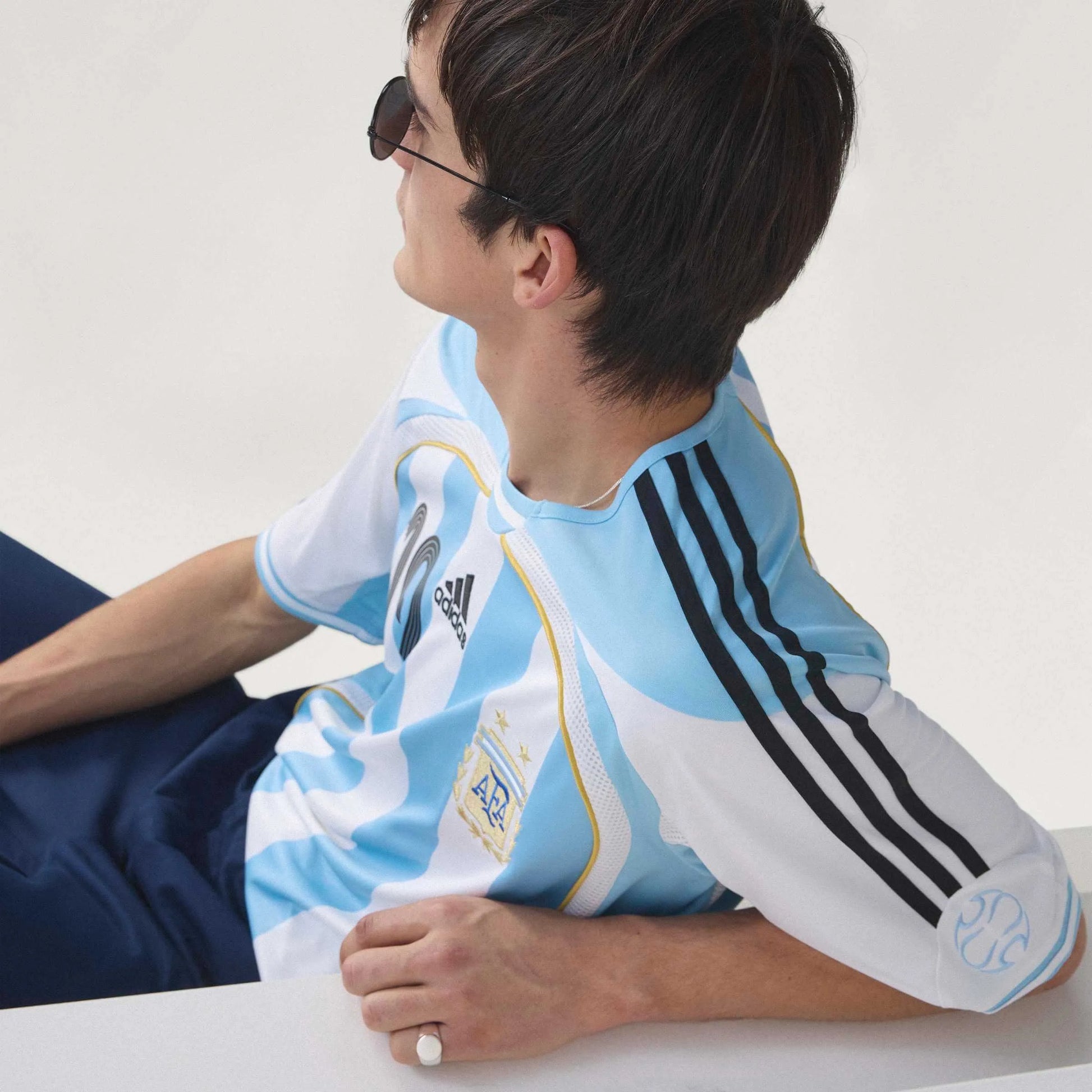 Adidas 2006 Argentina Men's Retro Stadium Home Messi #19 Soccer Jersey White / Clear Blue
