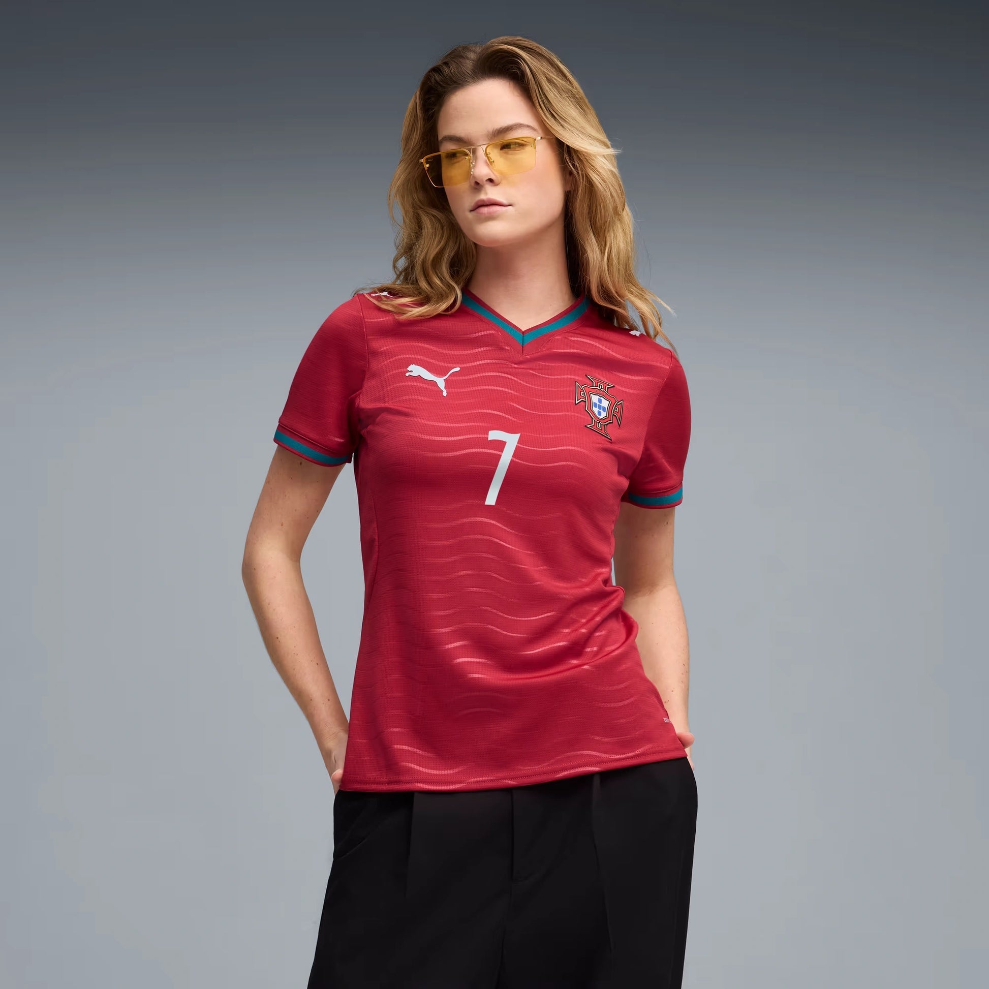 Puma 2026 Portugal Women's Stadium Home Ronaldo #7 Soccer Jersey Club Red-Green Lagoon